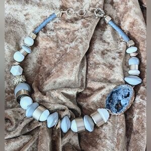 Gold Plated Agate Slab And Wooden Beaded Statement Necklace